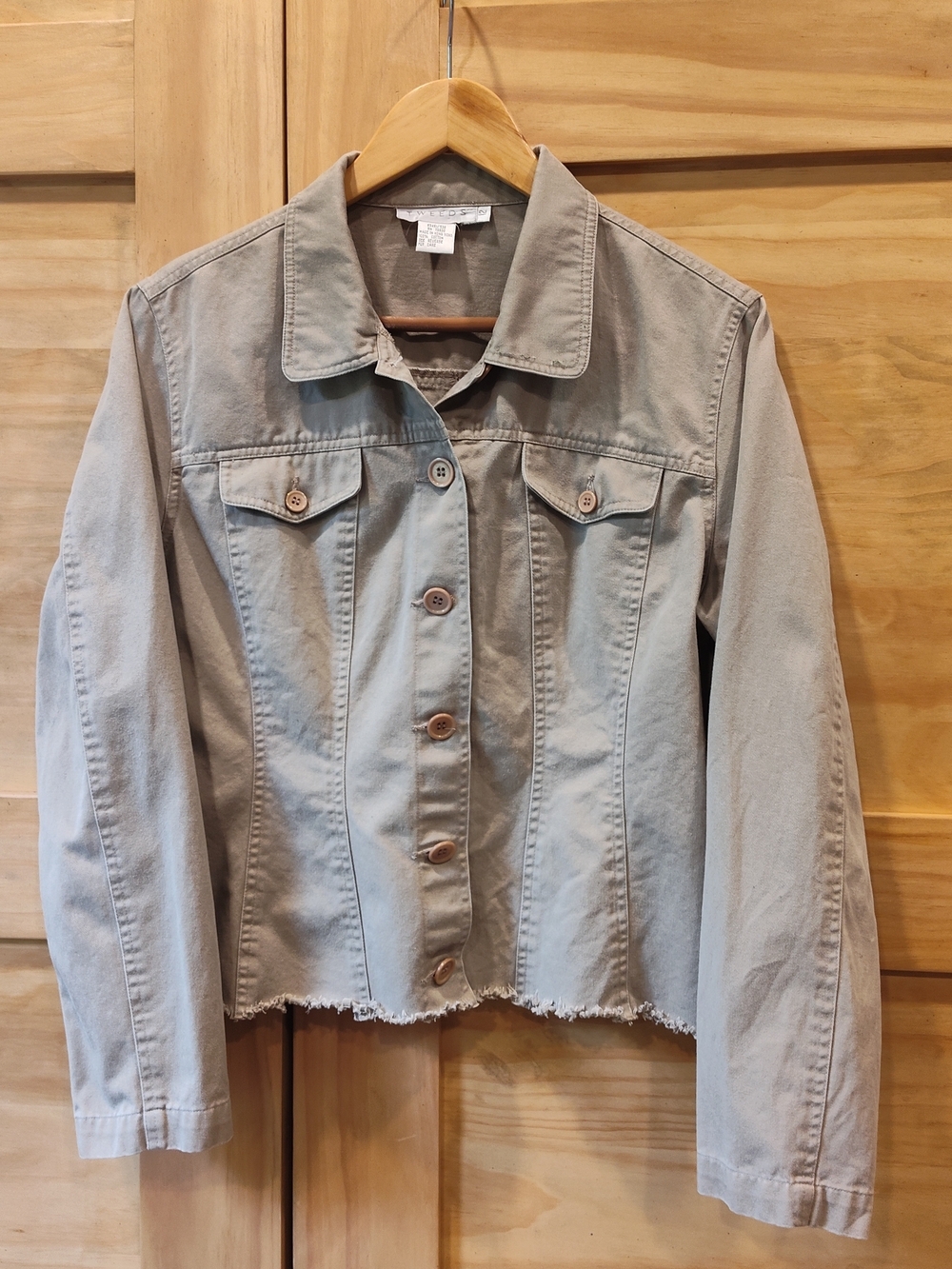 Tweeds Women's Classic Lightweight Khaki Denim Jacket | Raw Hem |Sz 12